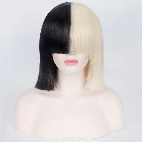 Peluca De Pelo Sintético Sia Wig Anime, Mitad Negro Y Rubio