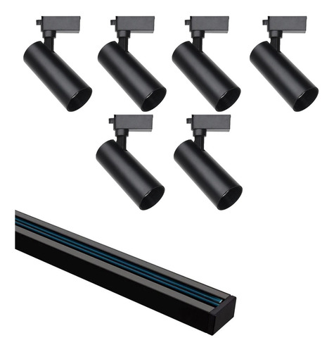 Pack Riel 2 Metro + 6 Spot Led 5w Negro Luz Cálida I Nido