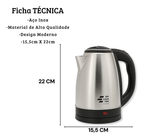 Chaleira Elétrica Bule 1,8 Litros Inox 110v 800w 220v 1500w