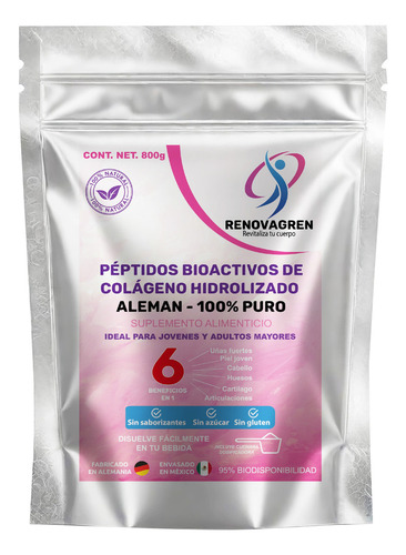 Péptidos Colágeno Aleman Hidrolizado 100% Puro En Polvo 800g Sabor Sin Sabor