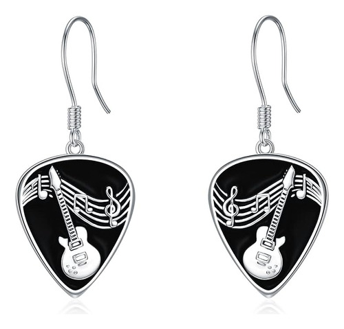 Aretes Guitarra Plata 925 Con Diseño Guitarra Con Nota Music