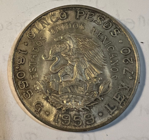Moneda De 1959 Año De Carranza $5 Pesos (Usado)
