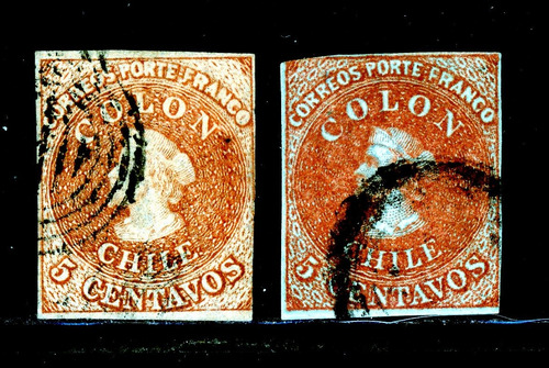 Primera Emisión Año 1854. N° 5 Sellos Postales De Chile Primera Emisión Año 1854. N° 5 Sellos Postales De Chile