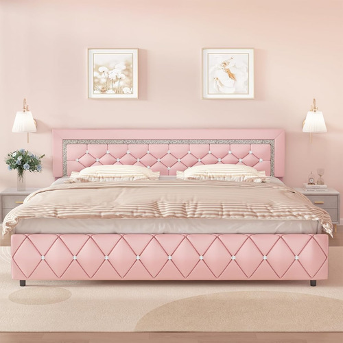 Base De Cama King Size C/ Cabecera Capitonada Hombck Rosado