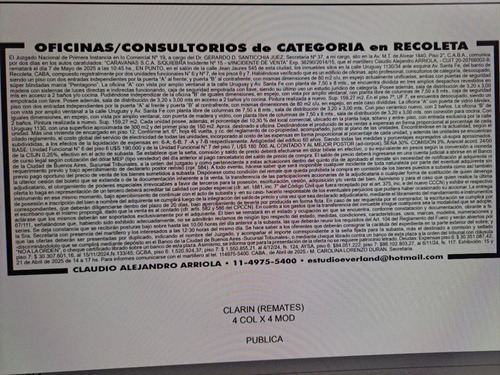 Consultorios Corporativos Dúplex 320 M2 Recoleta Piso 6 Y 7º Opción Pago En Pesos!! O Por Separados Valor De Remate!! Ideal Inversores. Planta Libre