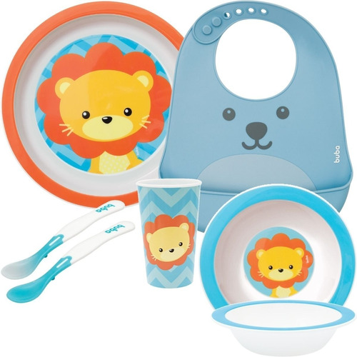 Kit Refeição Bebe 2 Pratinhos Leão E 2 Colheres Babador Copo