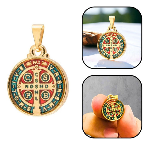 Medalha De São Bento Colorida Pequena Dourada