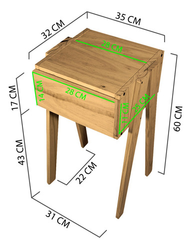 Mesa De Luz Cubo Cajon Patas Inclinadas Madera Moderna Sajo