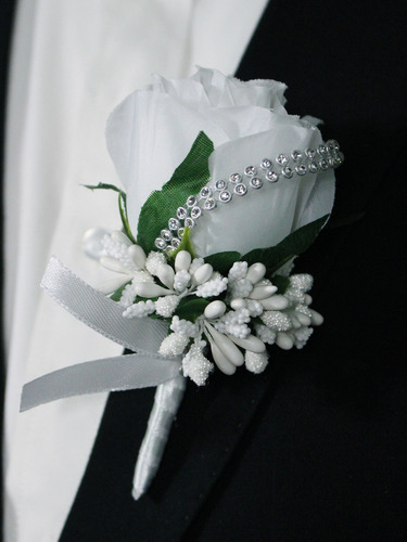 Boutonniere Rosa Artificial Blanco Novio Boda Elegante