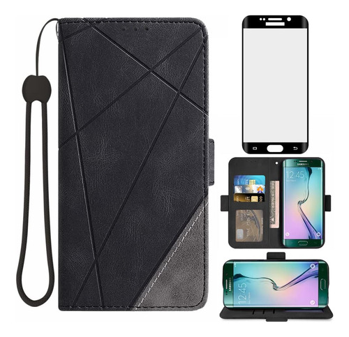 Funda Negra Billetera Cuero + Protector Para Galaxy S6 Edge