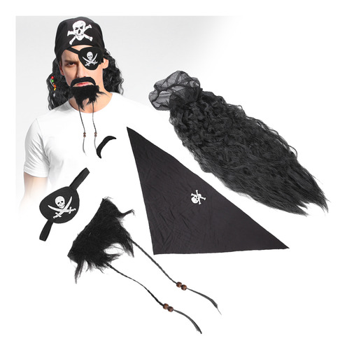 Set De Peluca Con Barba Falsa Y Bigote De Pirata Negro