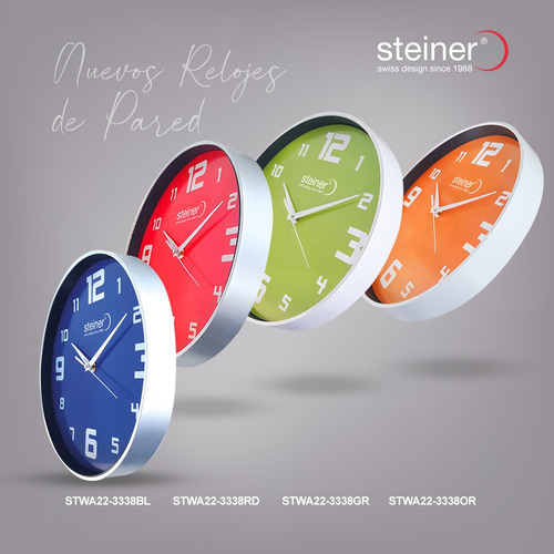 Reloj De Pared Stwa21-3364bk1 Steiner Segundero Continuo Estructura Negro Fondo Negro y números azules