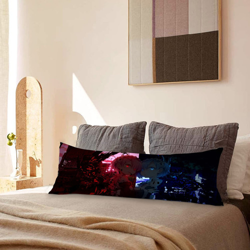 Cojin Almohada Re Zero Rem Y Ram Caras Rosa Y Azul 45x110cm Diseño De La Tela Lisa