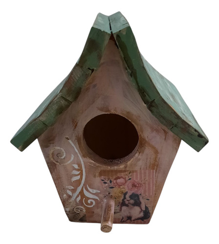 Casita Para Pájaros Mini En Madera Pintadas Rosa Claro Techo Redondo