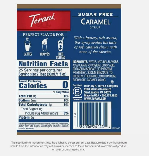 Paquete De 4 Jarabes Torani Caramel Sin AzĂșcar (sugar Free)