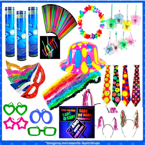 Kit Festa Animação C/ Tiara, Óculos, Pulseira Neon 150 Itens