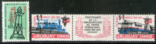 Uruguay 3 Sellos Mint Trenes Se-tenant Con Bandeleta 1971-72