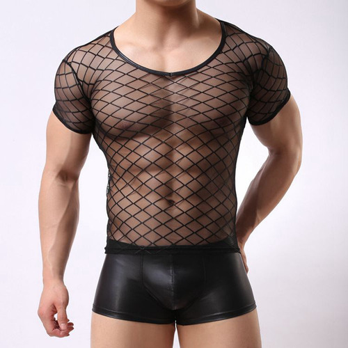 Hombres Sexy Transparente Malla Polera Negro Erótica Blusa