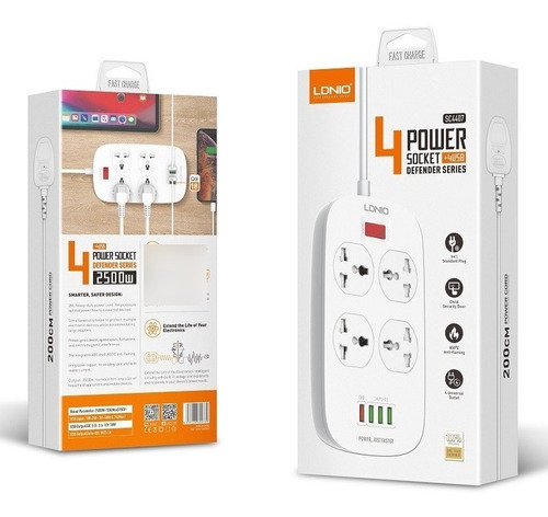 Extensión Toma Corriente Ldnio Sc4407 4 Power Socket + 4 Usb