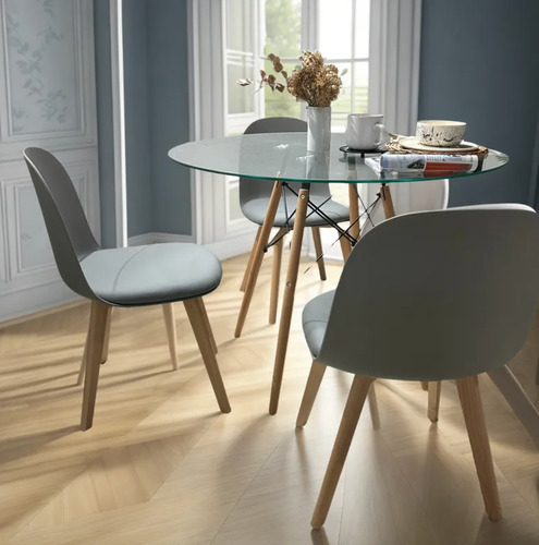 Juego Comedor Mesa Eames Vidrio 100cm + 4 Sillas Oslo Tulip Gris Liso