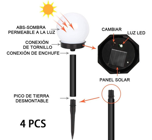 4 Luces Solares Jardín Led, Lámpara De Camino Patio Esférico