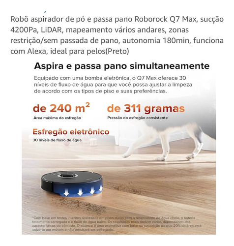 Aspirador Robô Roborock Q7 Max Q380rr 4.200 Pa, Mop Eletrô Preto