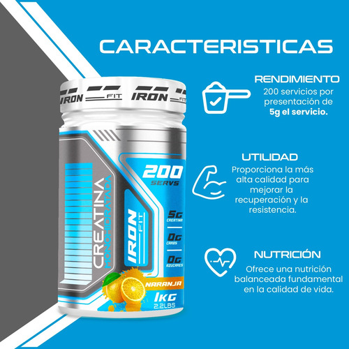 Creatina Monohidratada Iron Fit 1kg Sabores 200 Servicios Naranja