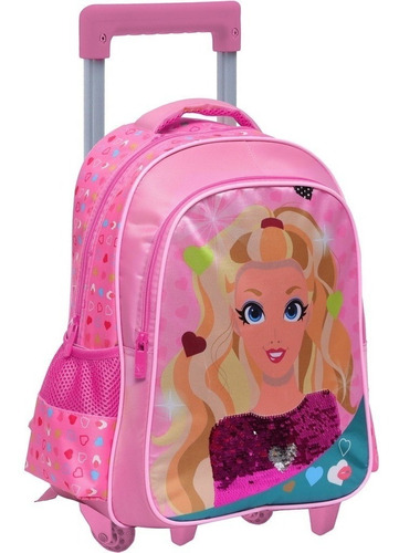 Mochila De Rodinha Infantil Escolar Barbie Princesa Paetê G Cor Rosa