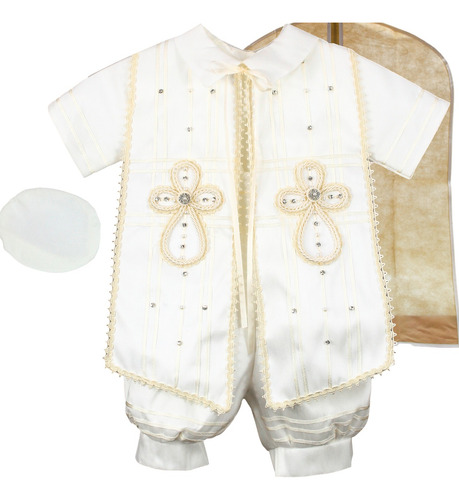 Traje Ropon Bautizo Niño + Kit Vela Traje Bautizo Bebé Oval Beige Talla 2 (12-24 Meses)
