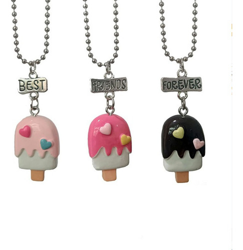 Colar Triplo Picolé Cordão Melhores Amigas Best Friends Cor Rosa