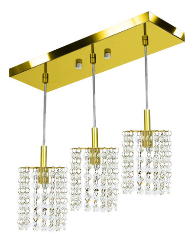 Lustre Pendente Clearcast Triplo Cristal Legitimo Dourado