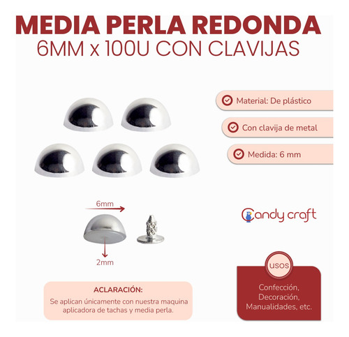 Media Perla Redonda 6mm Clavijas - Para Aplicadora! 100uni