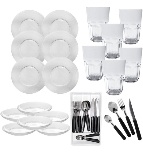 Set 6 Platos Playos + 6 Hondos + Vasos Vidrio + 24 Cubiertos