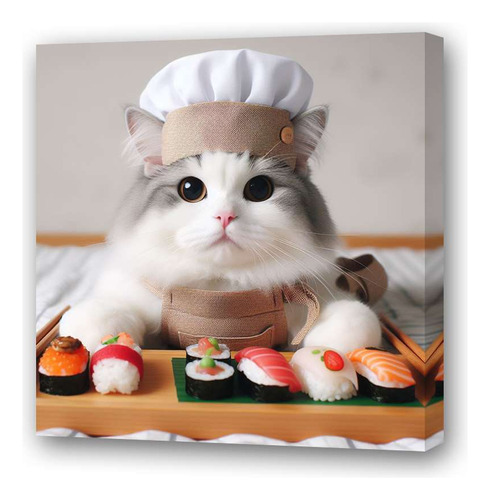 Cuadro 20x20cm Gato Sushi Cocinero Cheff Sushiman