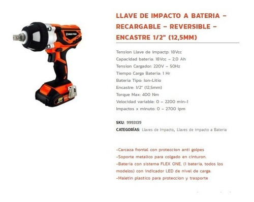 Imagen 2 de 3 de Llave Impacto Inalámbrica A Batería 1/2 Dowen Pagio 18v Liti