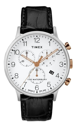 Reloj Timex Hombre Tw2r71700 The Waterbury Analogico Crono Color De La Malla Negro Color Del Bisel Plateado Color Del Fondo Blanco