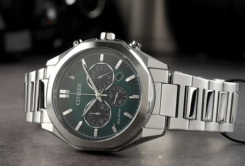 Citizen Dress Classic Crono Green Ca4590-81x Correa Plata Bisel Plata Fondo Verde
