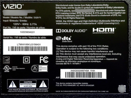 Tarjeta T-con Vizio D32f-f1 32t42-c0k Ctrl Bd (Usado)