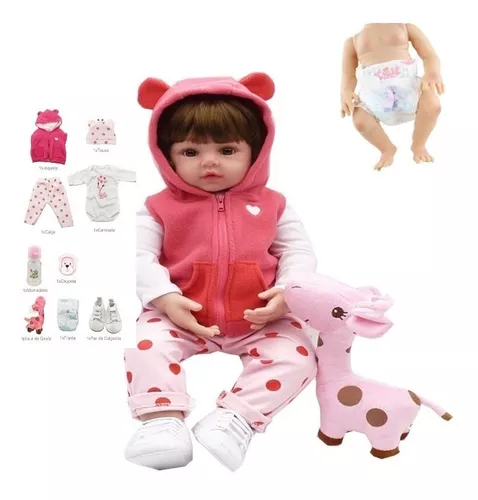 Boneca Bebê Reborn Realista Roupa de Girafinha 100% Silicone