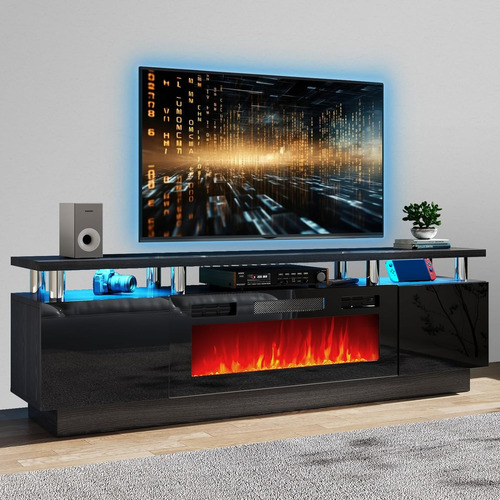 Mueble De Tv; 80 PuLG, C/chimenea Y Luz Led; Oneinmil, Negro