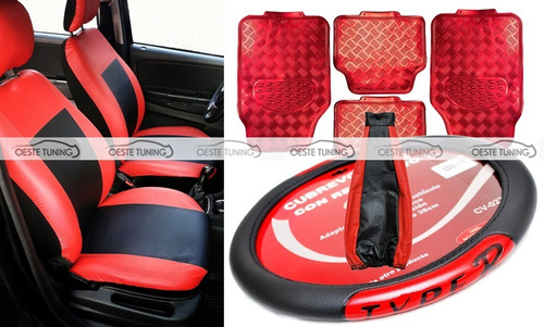 Fundas Asiento Cuero + Cubrevolante + Alfombras + Cofia Rojo