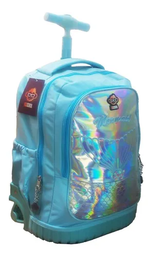 Mochila Grande Sirena Con Ruedas Luz Led Primaria Mermaid