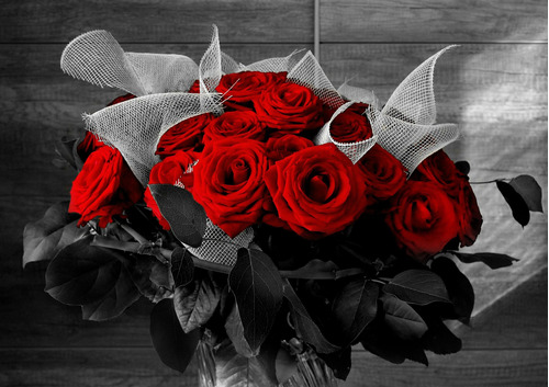 Cuadro 30x45cm Flores Rosas Rojas Blanco Y Negro Deco M2