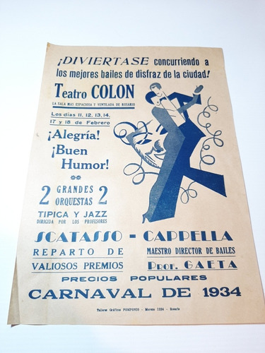 Rosario Carnaval 1934 Afiche Original Ro 1310