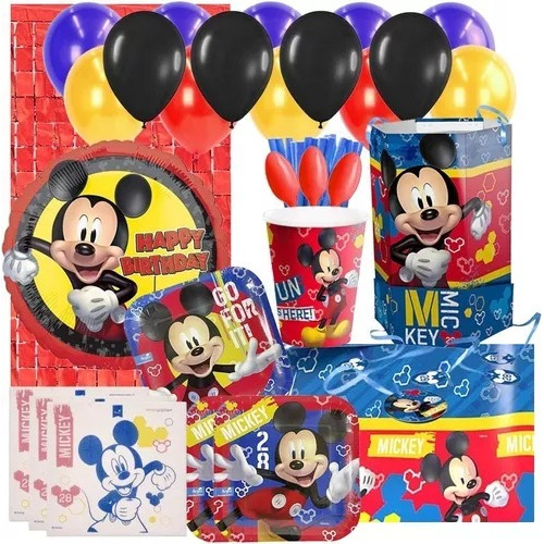 Set Decoración Fiesta + Globos + Piñata Mickey Fun 6 Pers
