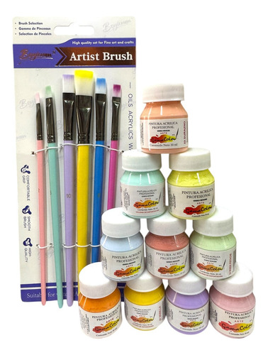 10 Gamacolor Color Pastel 30 Ml Con 1 Jgo. De Pinceles