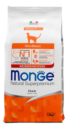 Alimento Monge Gato Monoprotein Castrado Pato 1.5 Kg