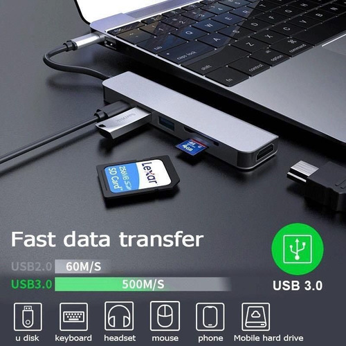 Imagen 6 de 10 de Hub Adaptador Tipo C 6 En 1 Usb 3.0 Hub Con Hdmi Y Sd