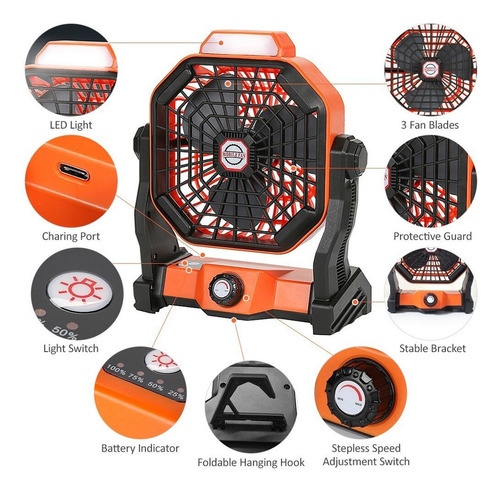 Ventilador De Camping Portátil Recargable Con Gancho En