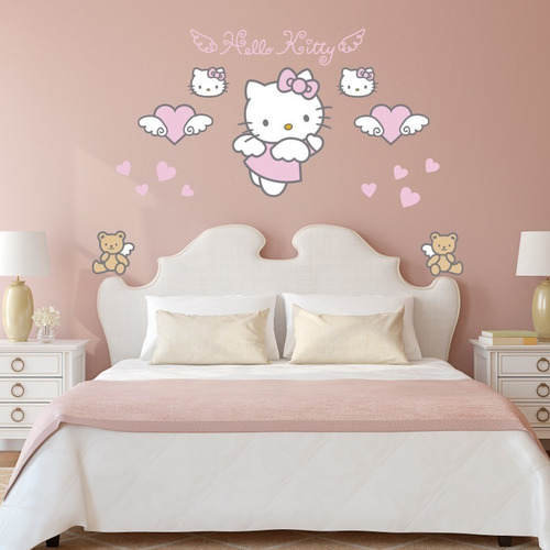 Vinil Decorativo Hello Kitty. Calcomanía De Pared Corazones Color Multicolor